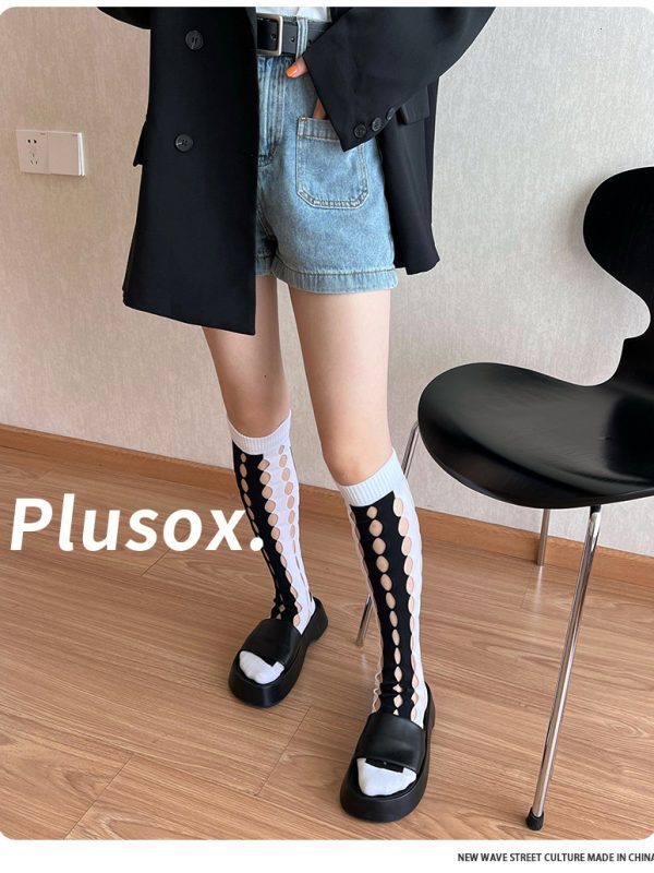 Women's spring and summer niche hollow contrast calf socks