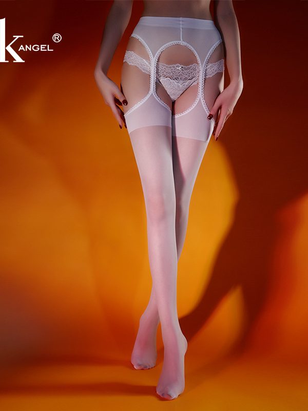 White stockings with lace trim and garter straps open on all sides