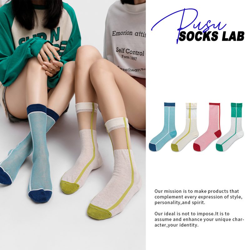 Women's summer glass silk contrast color vertical striped socks