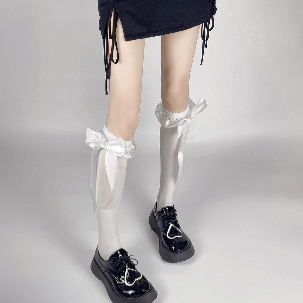 Velvet knee-high socks with satin ribbon and bow lace