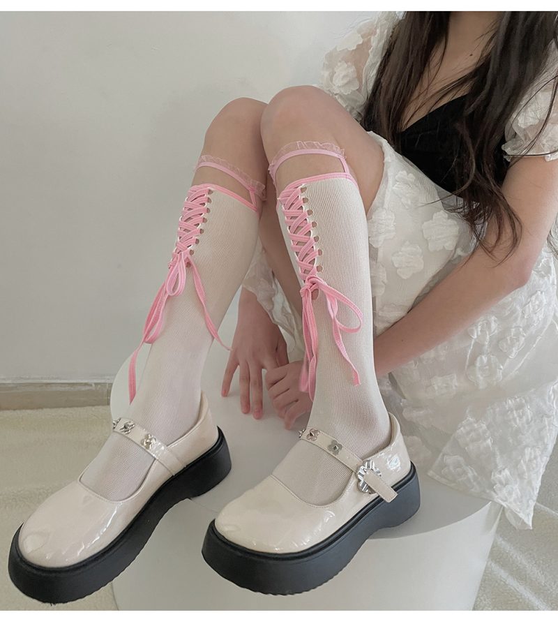 Hot girl style hand-tied lace knee-high socks