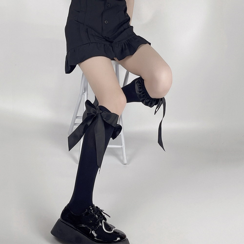 Velvet knee-high socks with satin ribbon and bow lace