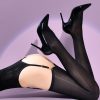 Black shiny hip-wrapped long suspender stockings