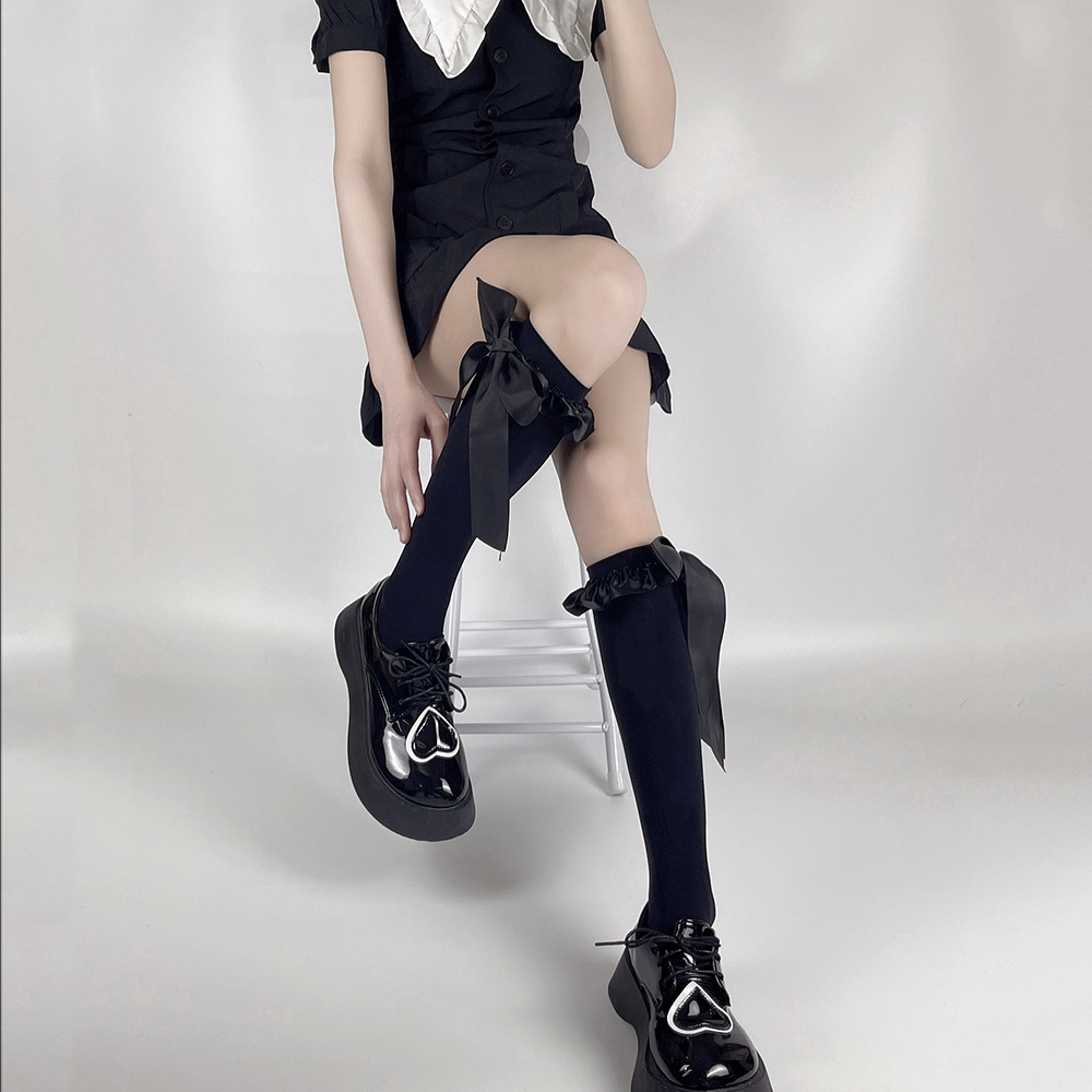 Velvet knee-high socks with satin ribbon and bow lace