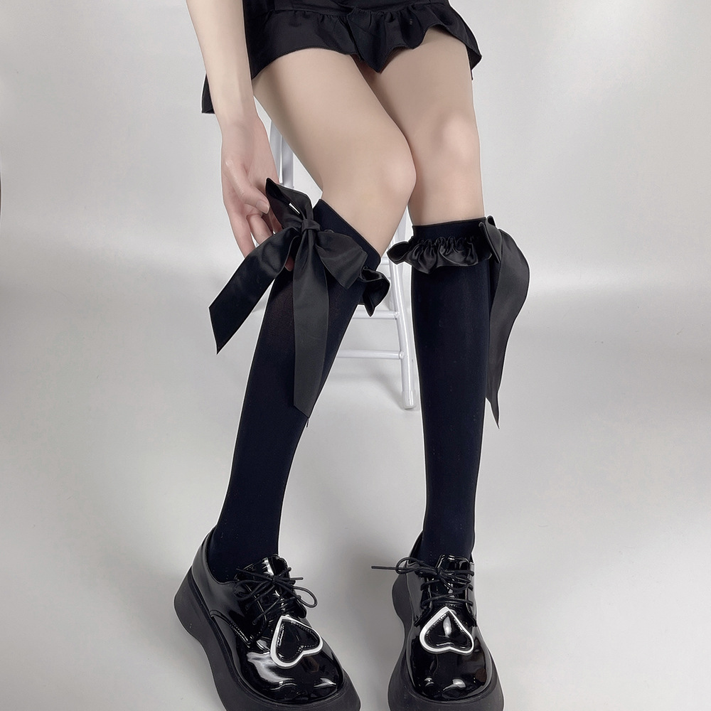 Velvet knee-high socks with satin ribbon and bow lace