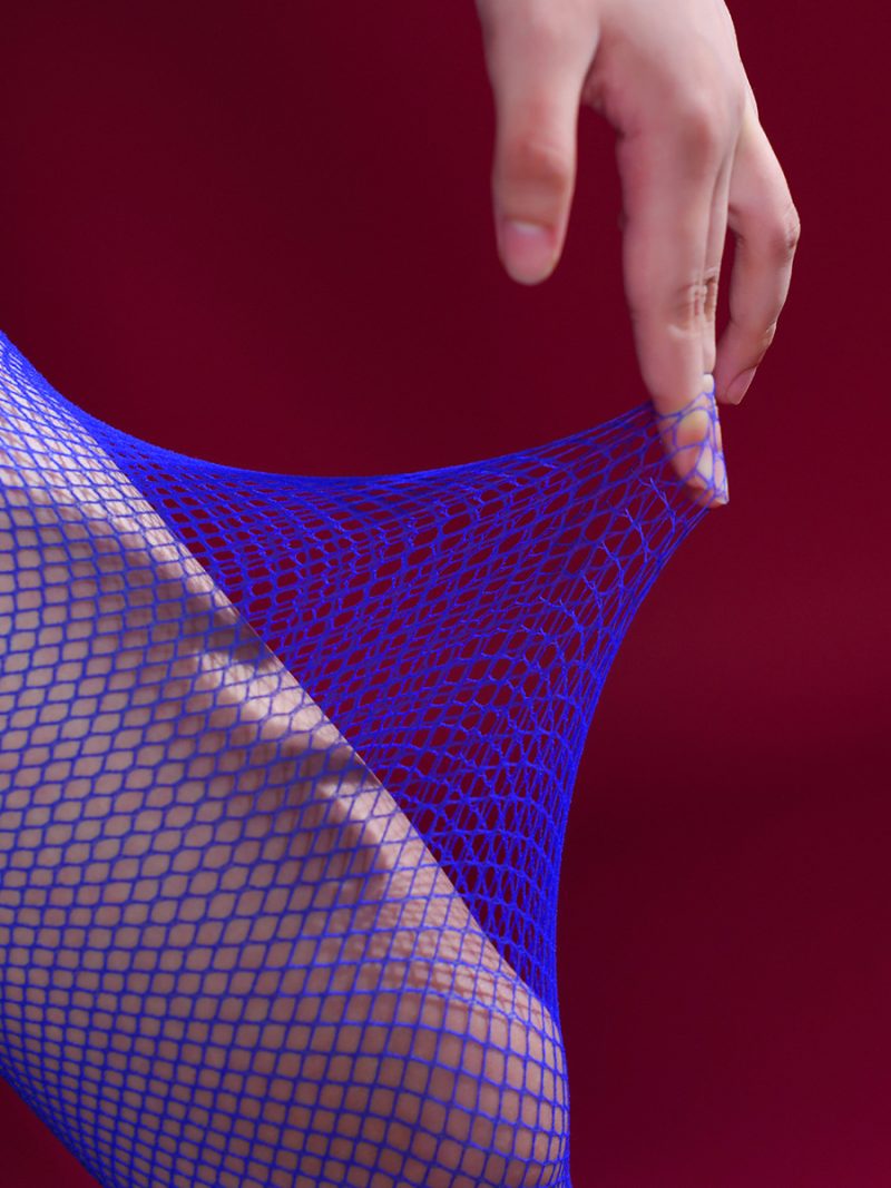 Blue hollow hip-covering garter mesh stockings