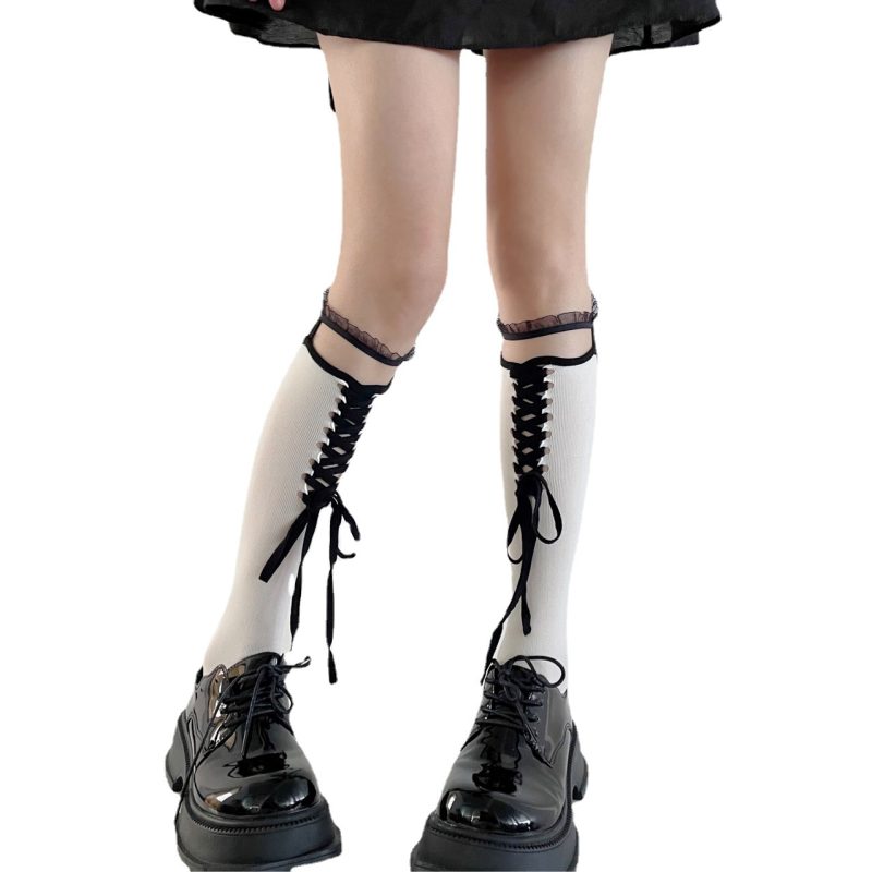 Hot girl style hand-tied lace knee-high socks