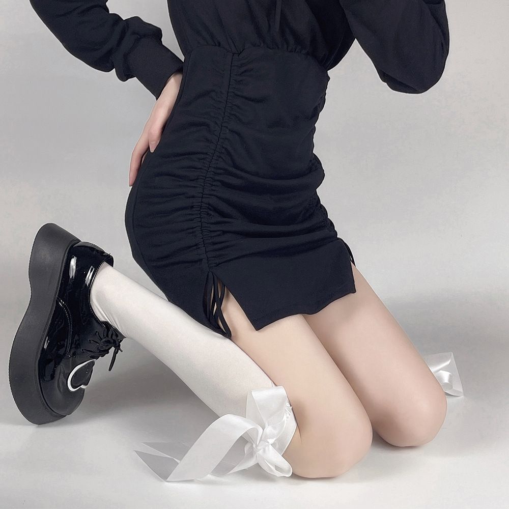 Velvet knee-high socks with satin ribbon and bow lace