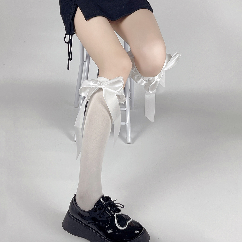 Velvet knee-high socks with satin ribbon and bow lace