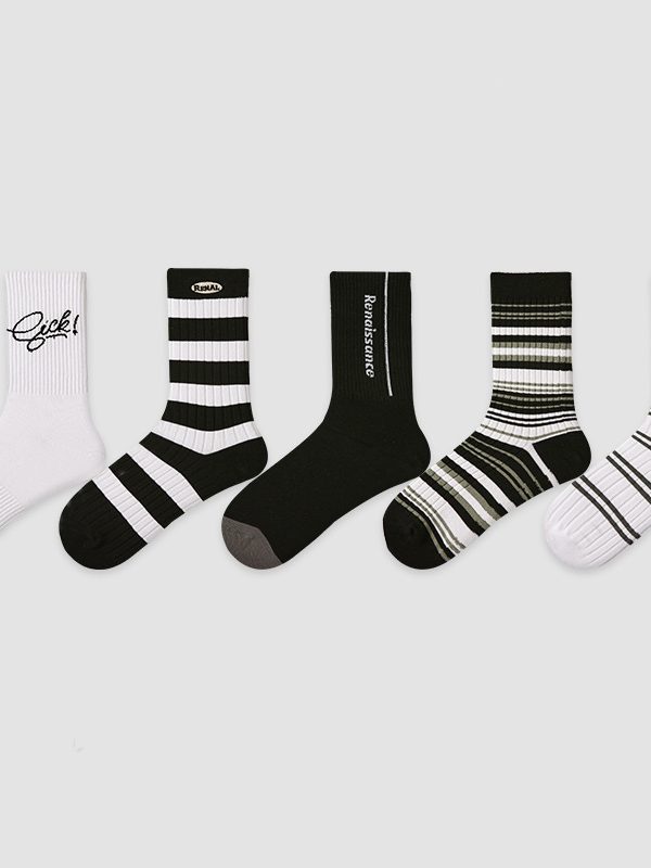 Fashion classic black and white striped casual men's mid-calf socks (5 pairs)