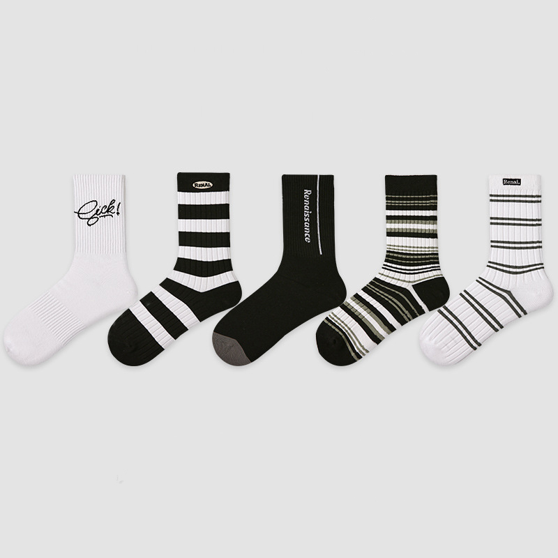 Fashion classic black and white striped casual men's mid-calf socks (5 pairs)