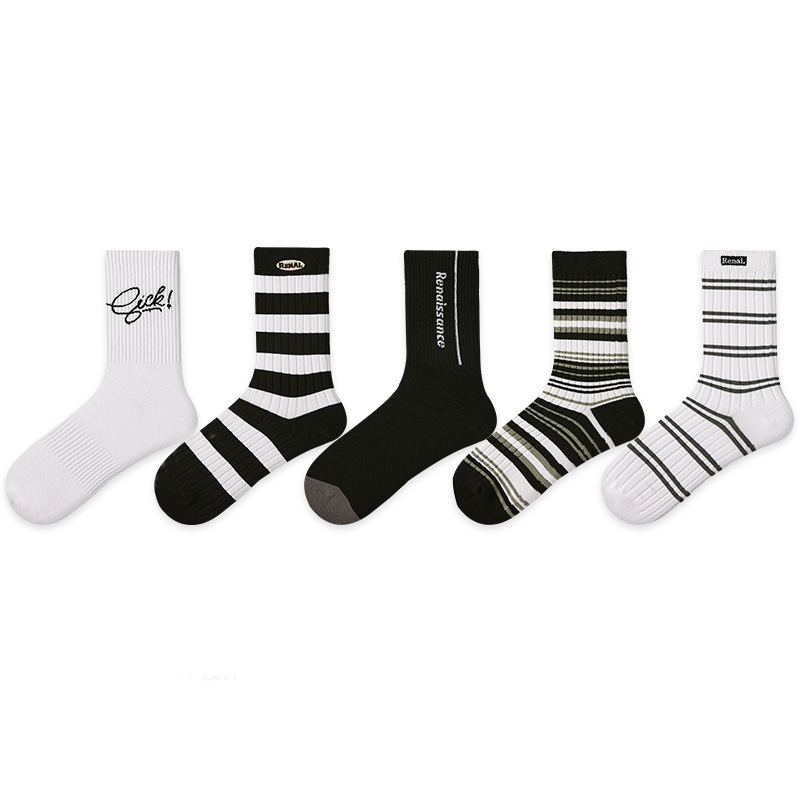 Fashion classic black and white striped casual men's mid-calf socks (5 pairs)