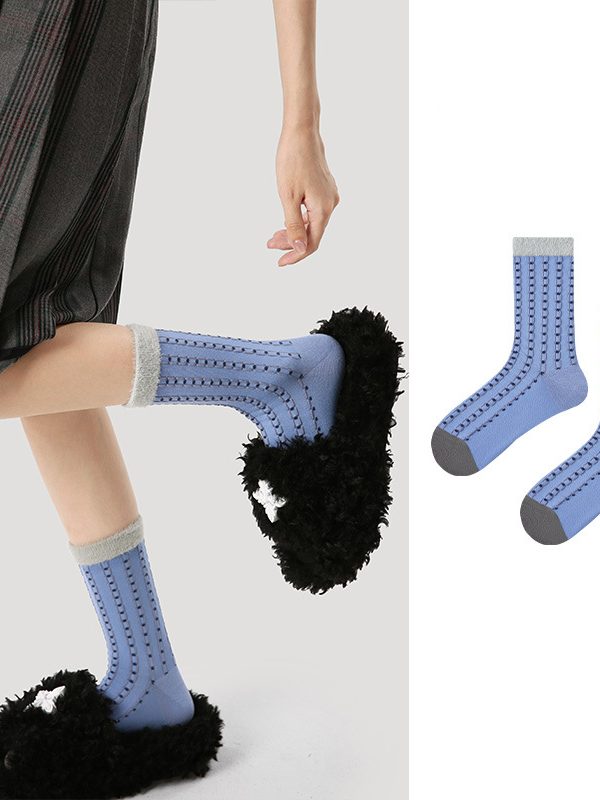Women's spring and summer short tube layered fake two-piece sweat-absorbent thin blue mid-tube socks