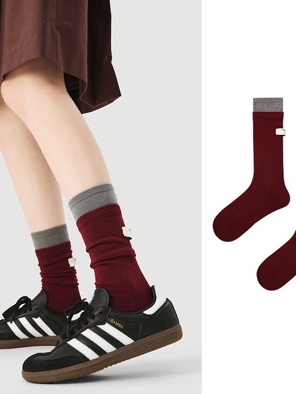 Women's autumn and winter creative red color matching cloth label letter mid-tube stacked socks
