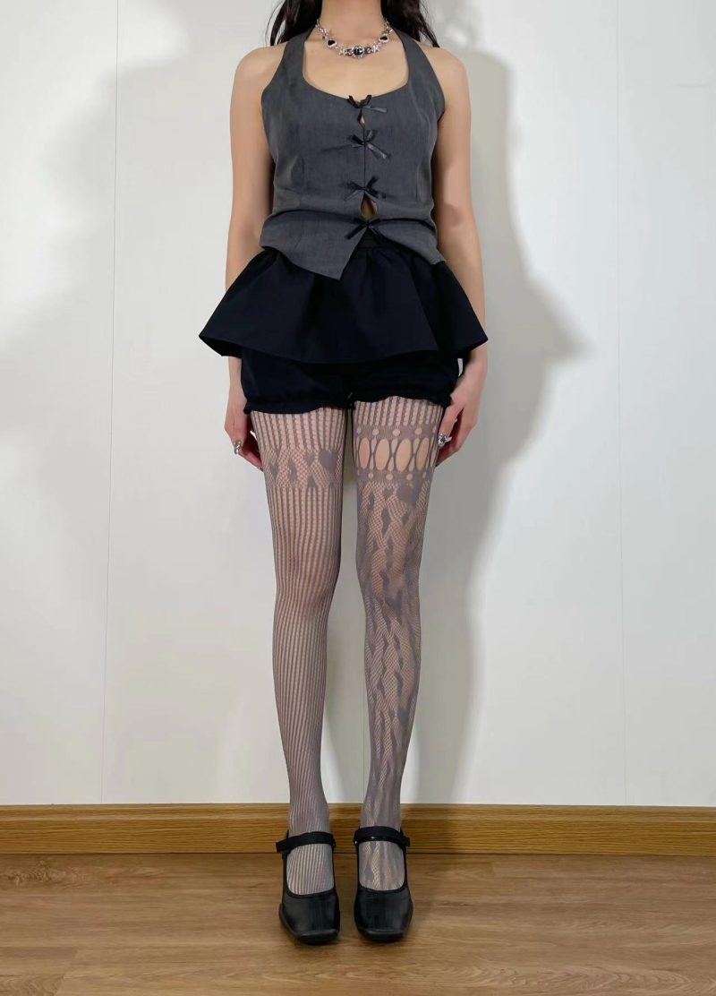 Spring and summer thin niche love pattern asymmetrical fishnet modern lace splicing hollow pantyhose - Image 2