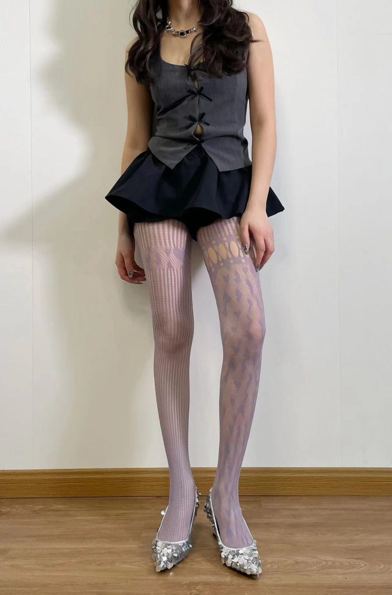 Spring and summer thin niche love pattern asymmetrical fishnet modern lace splicing hollow pantyhose - Image 24
