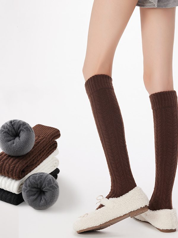 Women's autumn and winter retro thick linen plus velvet pure cotton warm knee socks
