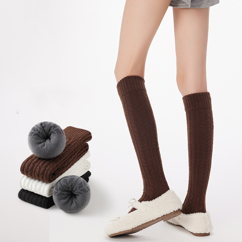 Women's autumn and winter retro thick linen plus velvet pure cotton warm knee socks