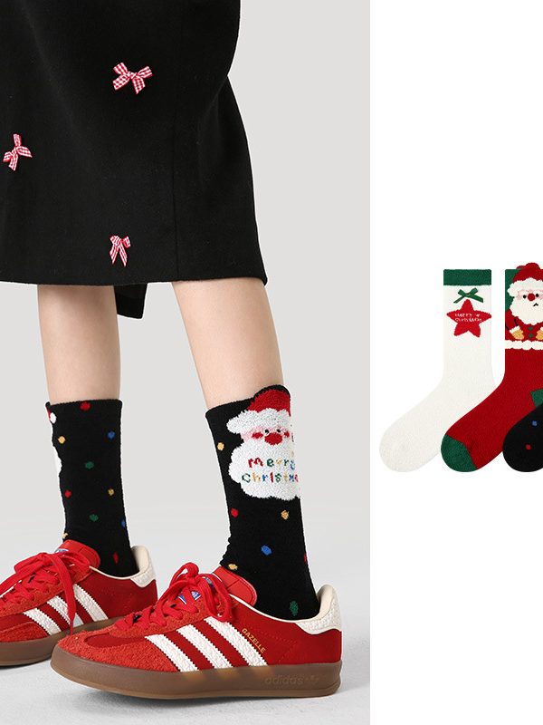 Women's cute and fashionable two-color cartoon trendy Christmas socks set (three pairs)