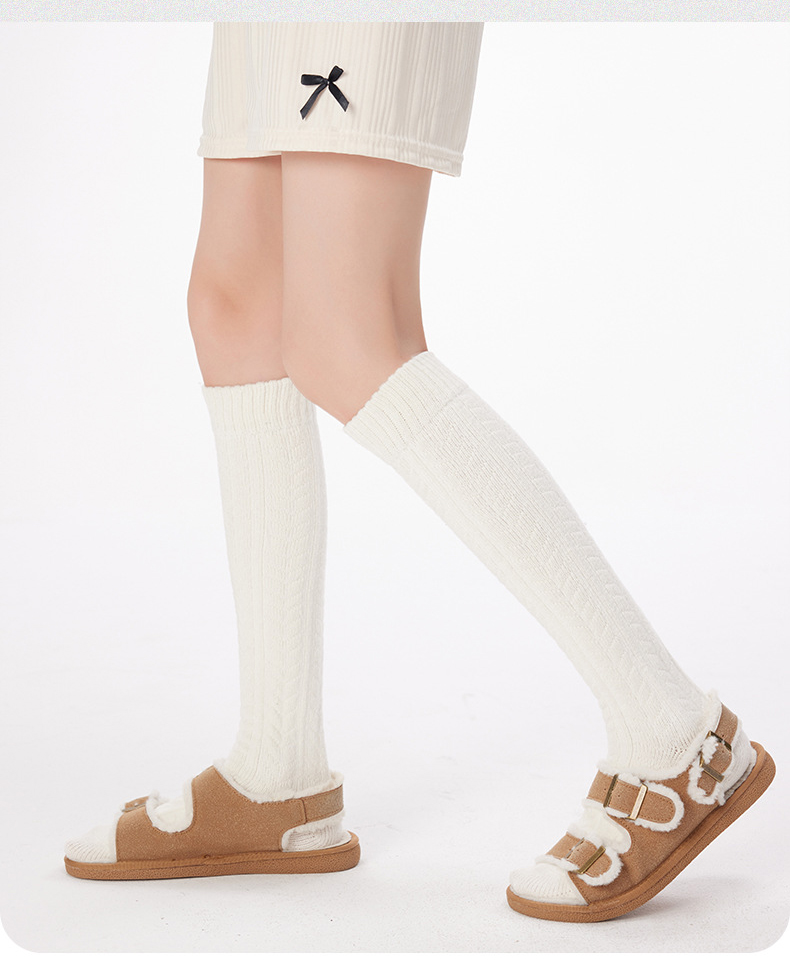 Women's autumn and winter retro thick linen plus velvet pure cotton warm knee socks