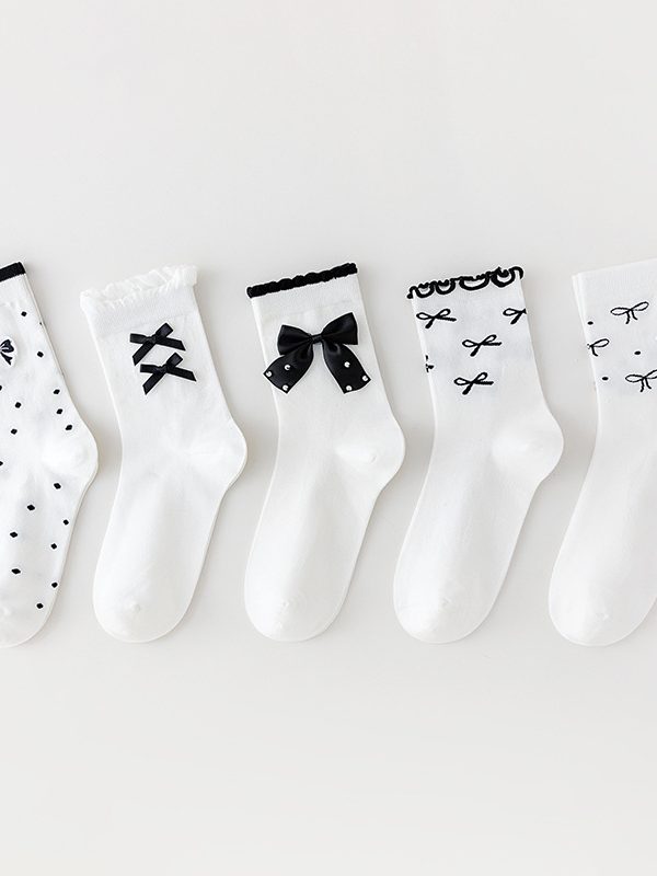 Women's Spring and Autumn Pure Bow Princess Socks (5 Pairs)