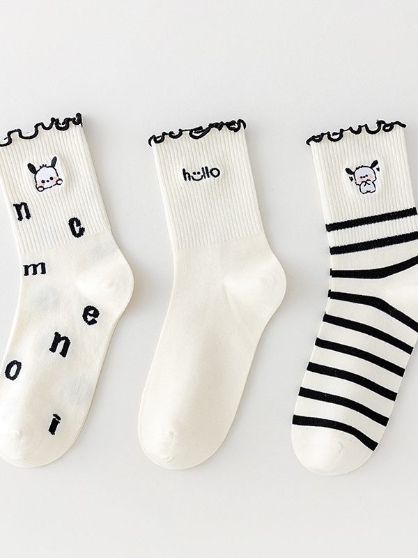 Women's Spring and Autumn Happy Puppy Pattern Lace Princess Socks (3 Pairs)