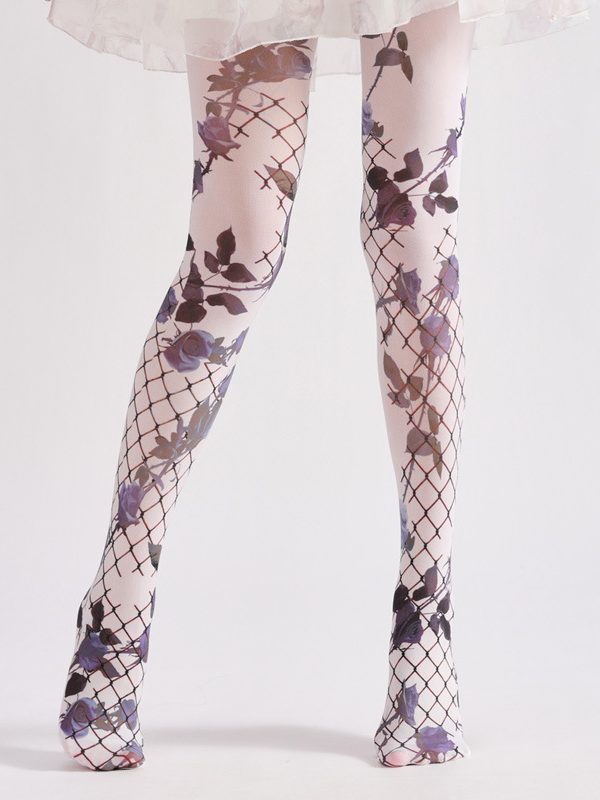 COSPLAY style dark wire mesh rose print tights