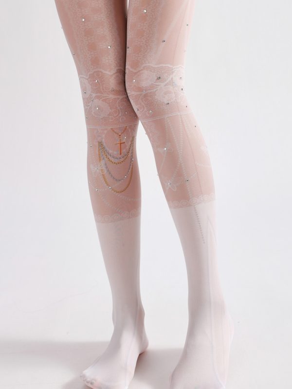 Palace-style diamond-encrusted lace graphic print tights