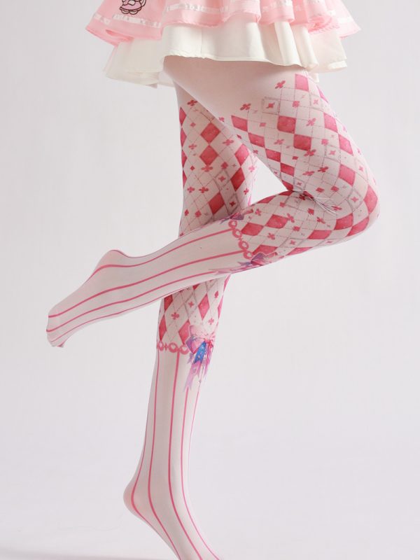 Two-dimensional diamond pattern bow line loli style printed pantyhose