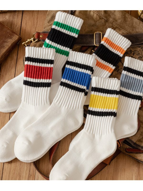 Men's autumn and winter thickened soles colorful wide striped mid-tube socks