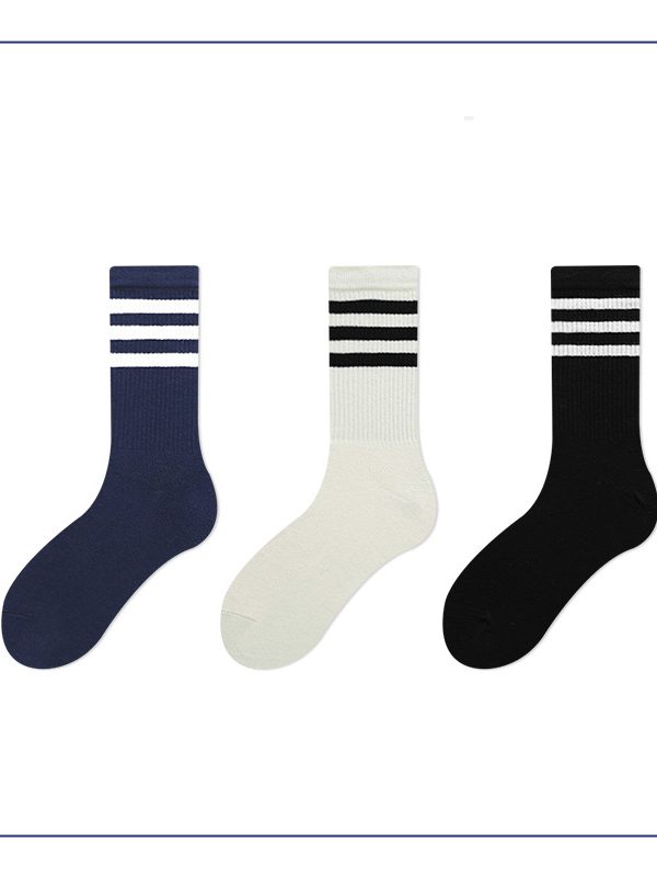 Women's Spring and Autumn Pure Fashion Three-Striped Breathable Sweat-Wicking Cotton Middle-Tube Socks