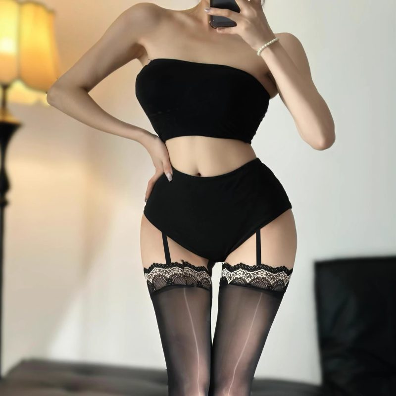 Thick black aesthetic shiny patterned suspender stockings