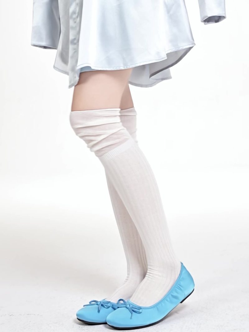 Women's socks spring and summer bamboo fiber double needle over-the-knee socks mesh breathable ins pure white calf socks - Image 5