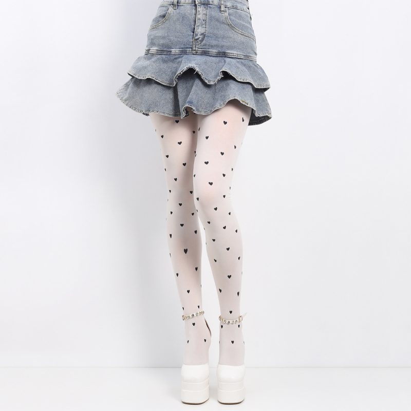 Fashion sweet bare leg artifact print black heart white skin color base pantyhose anti-stripping silk arbitrary cut black silk beautiful legs - Image 2