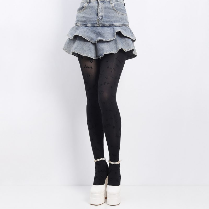 Spring and autumn fashion letters peach heart star full body printed flocking bottoming pantyhose black ladies stockings - Image 2