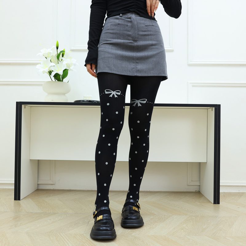 Black silk bow stockings, polka dot ins trendy socks for women, European and American personality, spring and autumn style, printed, internet celebrity sexy rompers - Image 2