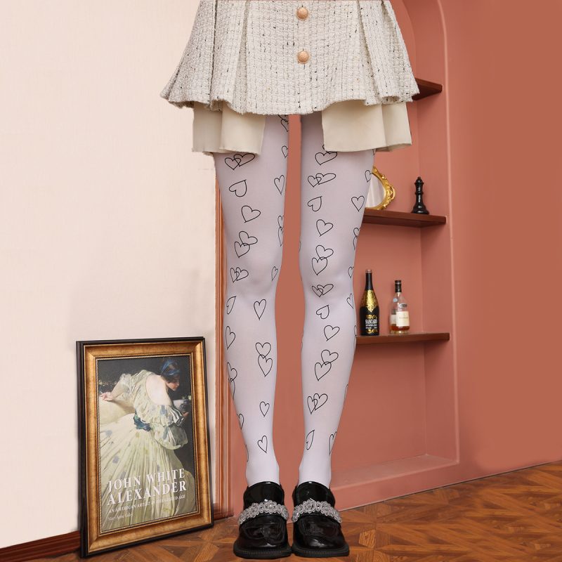 Pure desire white stockings, printed black heart with feet bottom pantyhose, sweet and cute ladies socks