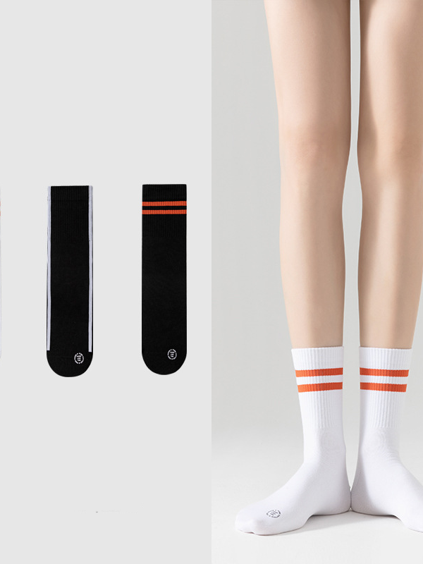Women's solid color all-match Korean ins double horizontal bar mid-tube socks