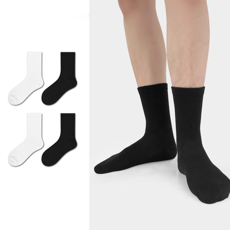 Black and white all-match simple autumn and winter cotton light sports antibacterial boneless men's middle tube socks（5 pairs） - Image 2