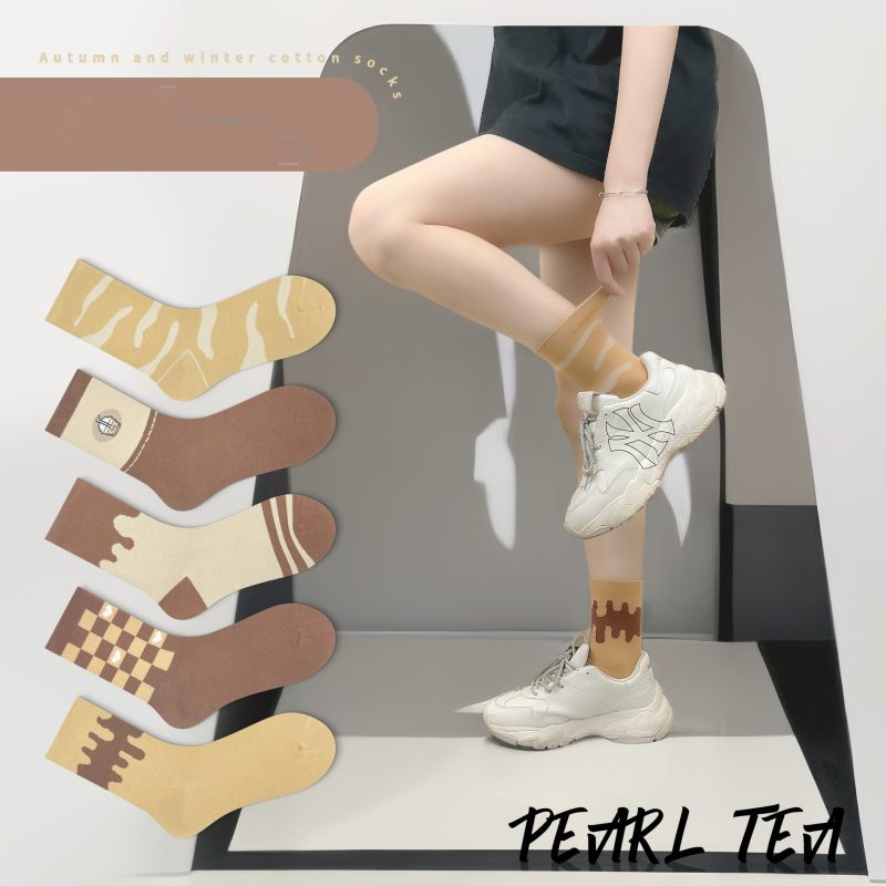 Women's mid-high socks autumn and winter new Maillard plaid cow pattern outer wear trendy socks（5 pairs） - Image 2