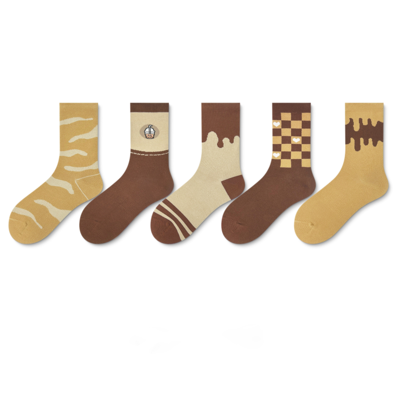 Women's mid-high socks autumn and winter new Maillard plaid cow pattern outer wear trendy socks（5 pairs）