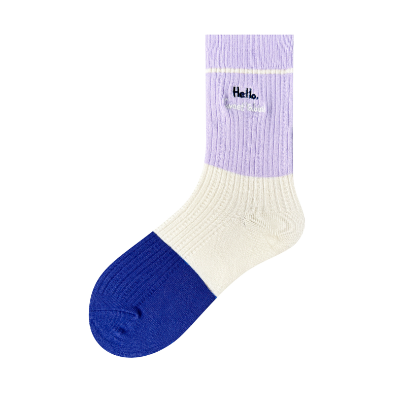 Autumn and winter new women's Korean blue and purple splicing embroidery stripes all-match trendy mid-high socks - Image 8