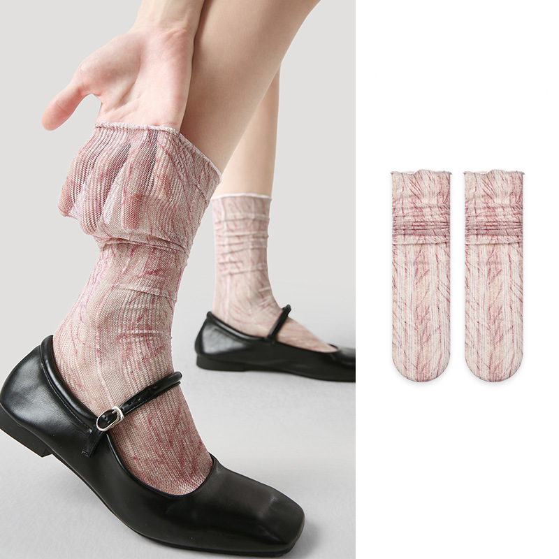 Rose red lace socks women summer thin mesh ins pile socks Mary Jane stockings - Image 3