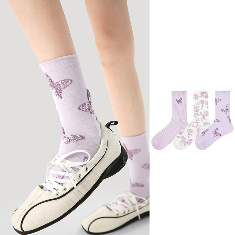 Original women's socks, spring and summer embroidered butterfly middle-tube socks, purple new Chinese thin socks for women - Image 2