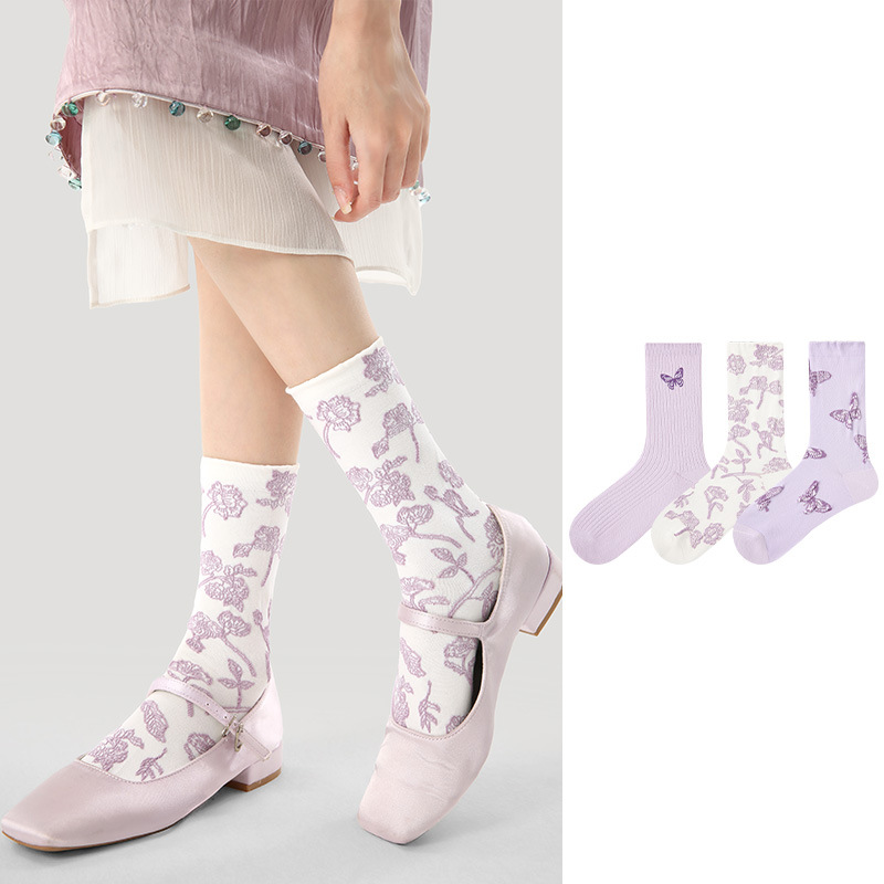 Original women's socks, spring and summer embroidered butterfly middle-tube socks, purple new Chinese thin socks for women