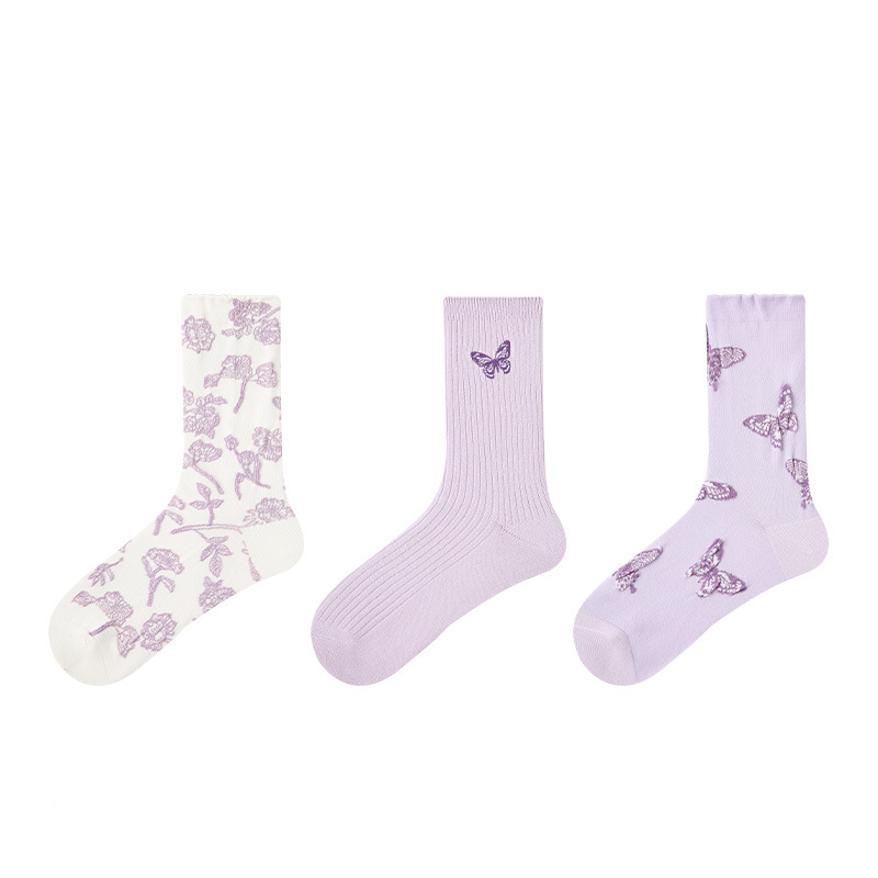 Original women's socks, spring and summer embroidered butterfly middle-tube socks, purple new Chinese thin socks for women - Image 5