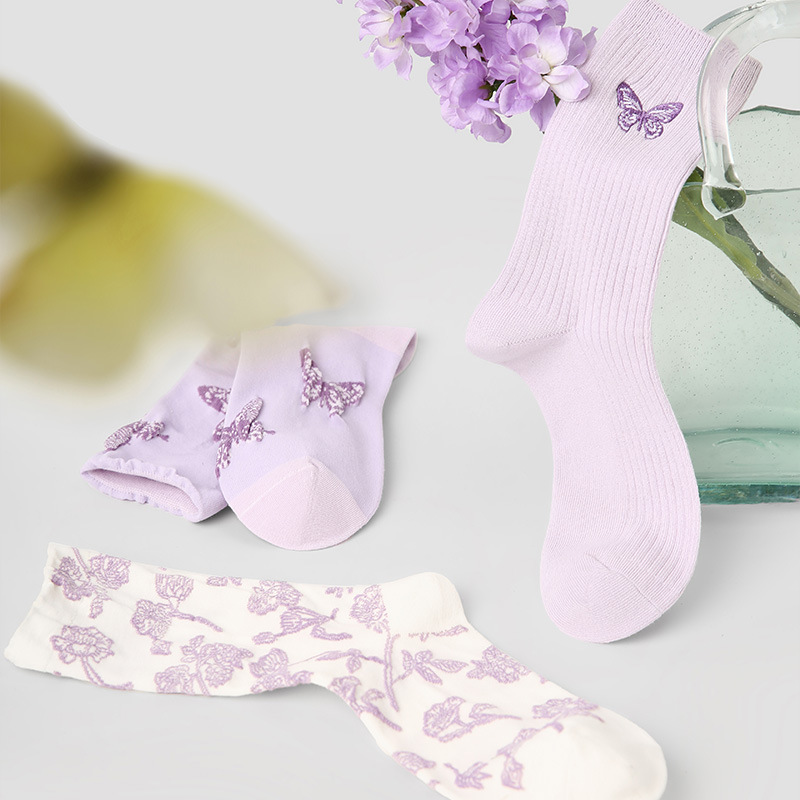 Original women's socks, spring and summer embroidered butterfly middle-tube socks, purple new Chinese thin socks for women - Image 6