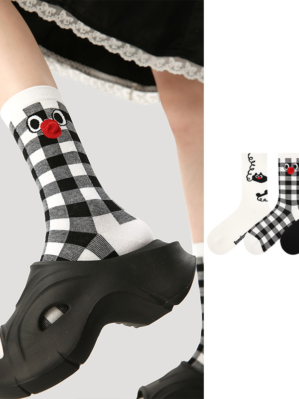 Original women's socks spring and summer black and white plaid middle tube socks cartoon cat combed cotton socks for women