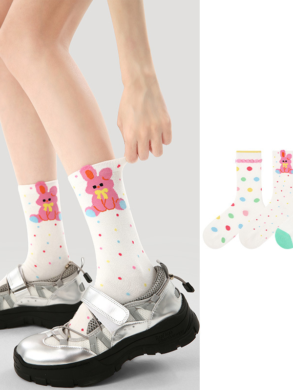 Original women's socks spring and summer rainbow polka dot middle tube socks cartoon mushroom combed cotton socks for women