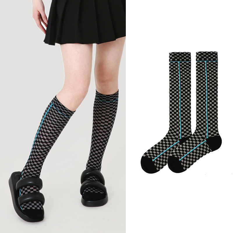 Renaissance original women's socks spring and summer simple plaid mid-length socks calf socks ins versatile pile socks women